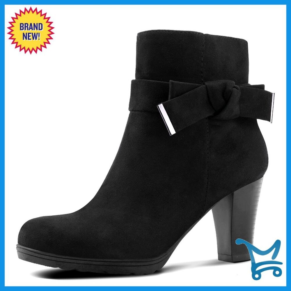 Chunky Heel Ankle Boots with Zipper, Suede Upper, Non-Slip Sole